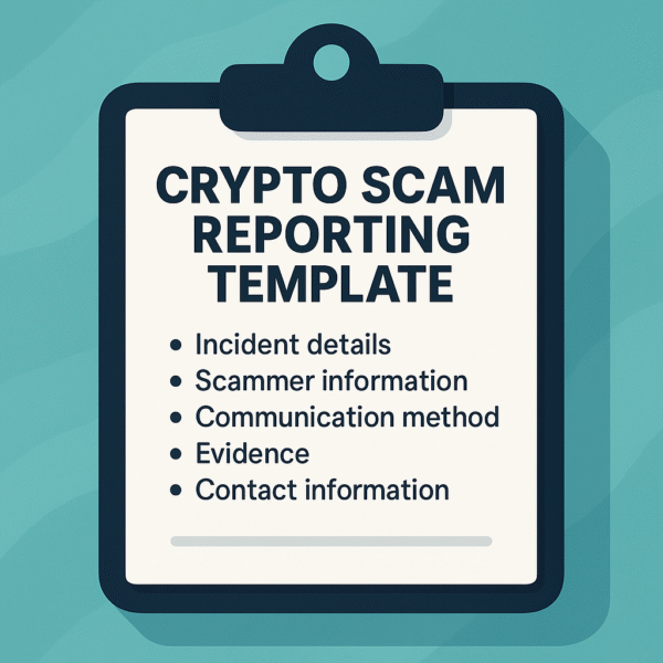 A stylized 2D graphic of a clipboard holding a document titled "CRYPTO SCAM REPORTING TEMPLATE" in bold, uppercase letters. Below the title, five bullet points list key sections: incident details, scammer information, communication method, evidence, and contact information. The clipboard is dark navy blue, and the background is turquoise with soft wave patterns, giving the image a clean and modern look.
