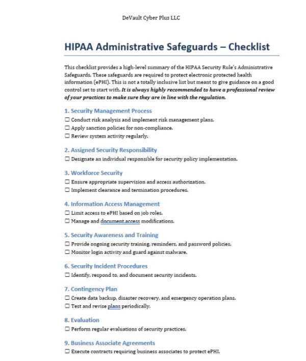 Screen print of free downloadable checklist for HIPAA.